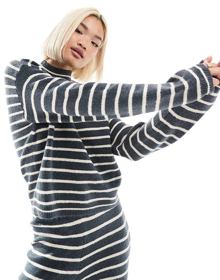 Pieces High Neck Jumper And Wide Leg Jogger Set In Grey Blue Stripe - Image 2