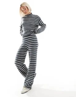 Pieces High Neck Jumper And Wide Leg Jogger Set In Grey Blue Stripe