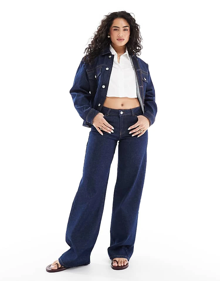 Pieces Trucker Jacket And Selma Wide Leg Jeans In Dark Blue Denim - Image 3