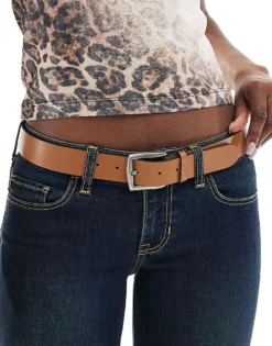 Pieces Leather Belt With Square Buckle In Cognac For Women