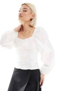 Pieces Ruched Jersey Top With Statement Sleeves In White For Women