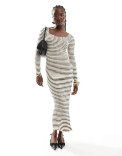 Pieces Long Sleeve Square Neck Ribbed Maxi Dress In Birch Cream And Black Stripe For Women Birch Black