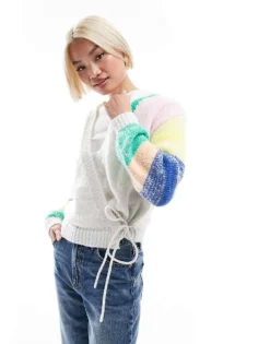 Pieces Multicolour Dye Knitted Wrap Front Cardigan In Cloud White For Women