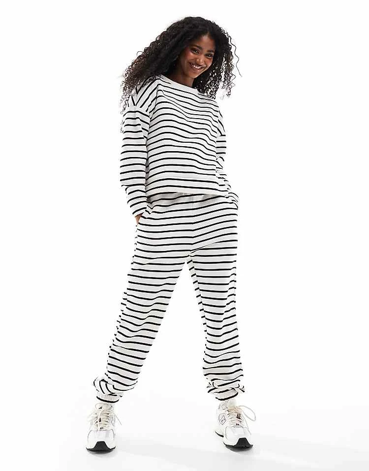 Pieces Sweatshirt And High Waisted Jogger Set In Black And White Stripe - Image 3