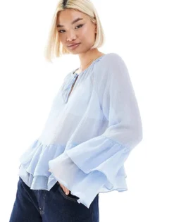 Pieces Sheer Ruffle Detail Boho Blouse In Pale Blue For Women Kentucky Blue