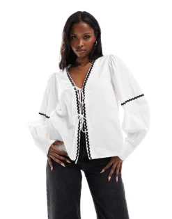 Pieces Tie Front Balloon Sleeve Top With Contast Rikrak Trim In White For Women White Black