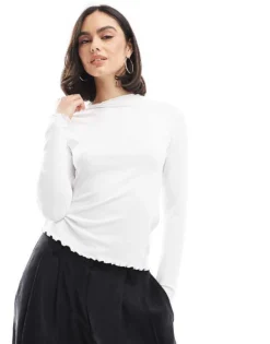 Pieces Ribbed Long Sleeve Top With Lettuce Edge Detail In White For Women Bright White