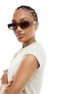 Pieces Slim Rectangular Frame Sunglasses With Brown Tint Lense In Tortoiseshell For Women Black Turtle