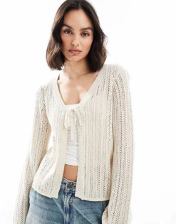 Pieces Crochet Tie Front Cardigan In Birch Cream For Women