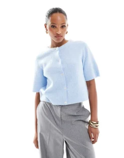 Pieces Soft Knit Short Sleeve Cardigan In Blue For Women Cm Blue