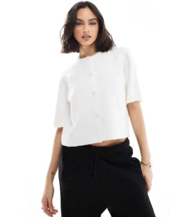 Pieces Soft Knit Short Sleeve Cardigan In Cream For Women Cloud Dancer