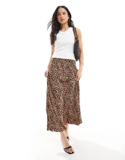 Pieces Matte Satin Midi Skirt In Leopard Print For Women Black Leo