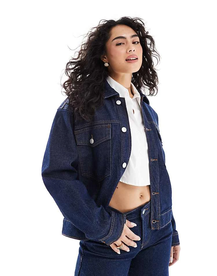 Pieces Trucker Jacket And Selma Wide Leg Jeans In Dark Blue Denim - Image 2