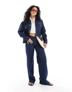 Pieces Trucker Jacket And Selma Wide Leg Jeans In Dark Blue Denim