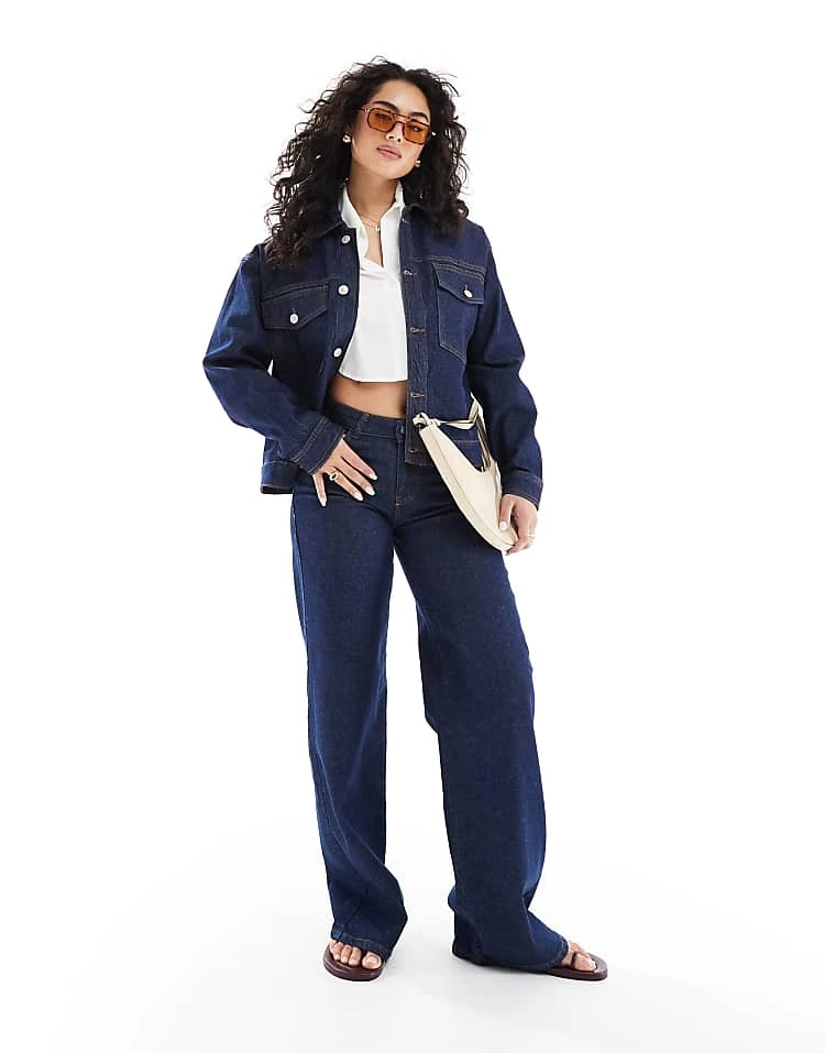 Pieces Trucker Jacket And Selma Wide Leg Jeans In Dark Blue Denim