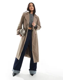 Pieces Belted Trench Coat In Lentil Brown For Women Brown Lentil