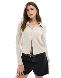 Pieces Button Front Ribbed Polo Top In Cream For Women Silver Gray