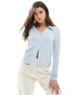 Pieces Button Front Ribbed Polo Top In Kentucky Blue For Women