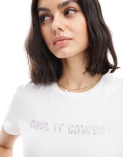 Pieces Baby Tee With Cool It Cowboy Diamante Graphic In White For Women