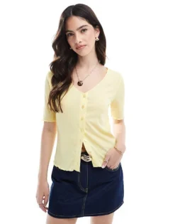 Pieces Lettuce Edge Button Front Short Sleeve Top In Banana Yellow For Women Pale Banana