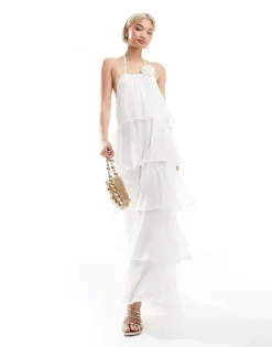 Pieces Ruffle Tiered Maxi Dress With Corsage Detail In White For Women Bright White