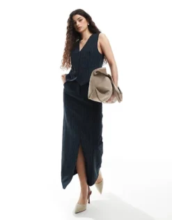 Pieces Tailored Waistcoat And Maxi Skirt Set In Navy Pinstripe