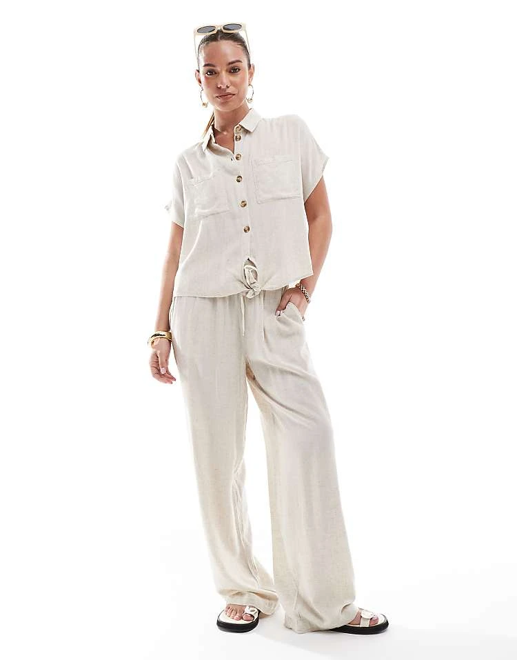 Pieces Tie Front Linen Shirt And Wide Leg Trousers Set In Cream - Image 4