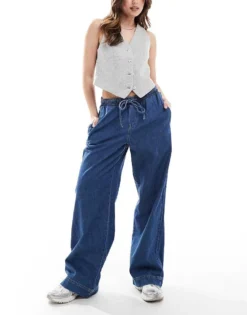 Pieces Drawstring Waist Wide Leg Jeans In Dark Blue Denim Wash For Women