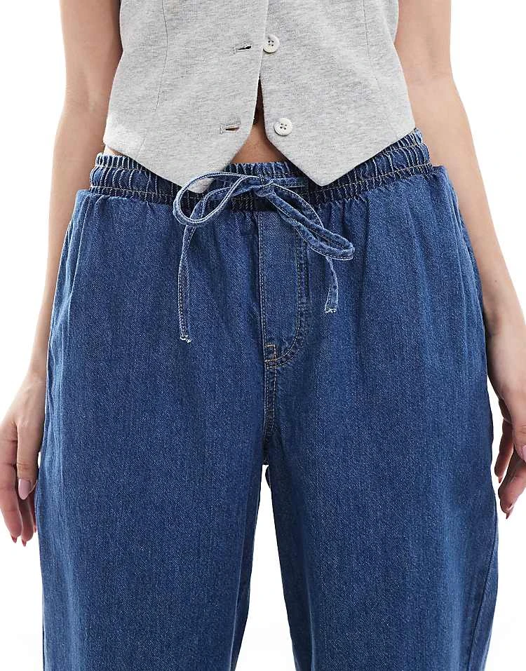 Pieces Drawstring Waist Wide Leg Jeans In Dark Blue Denim Wash For Women - Image 5