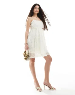 Pieces 3D Flower Applique Mini Dress In White For Women Cloud Dancer