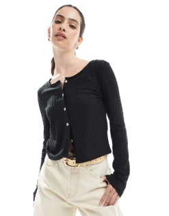 Pieces Pointelle Cardigan In Black For Women