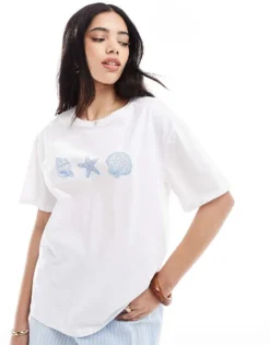 Pieces Oversized T-shirt With 3 Seashell Graphic In White For Women