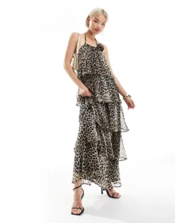 Pieces Ruffle Tiered Maxi Dress With Corsage Detail In Leopard Print For Women Black Leo