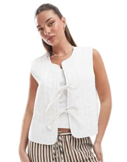 Pieces Lightweight Quilted Tie Front Summer Gilet In Cloud White For Women Cloud Dancer