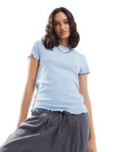 Pieces Lettuce Edge T-shirt In Soft Blue For Women Cm Blue