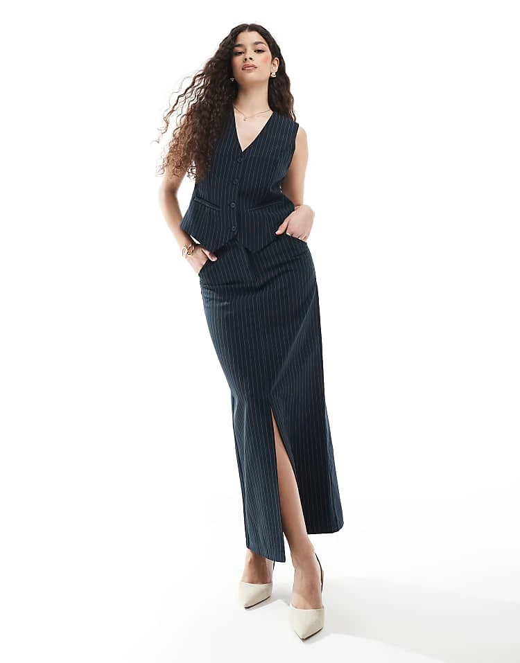 Pieces Tailored Waistcoat And Maxi Skirt Set In Navy Pinstripe - Image 2