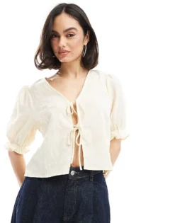 Pieces Jaquard Detail Tie Front Puff Sleeve Top In Cream For Women