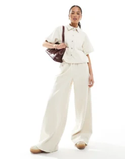 Pieces Textured Twill Shirt And Trouser Co-ord In Cream