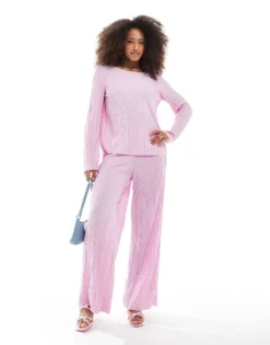 Pieces Plisse Top And Trouser Co-ord In Light Pink