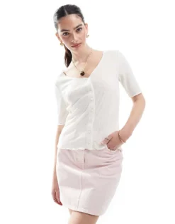 Pieces Lettuce Edge Button Front Short Sleeve Top In White For Women Cloud Dancer