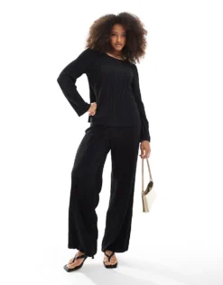 Pieces Plisse Top And Trouser Co-ord In Black