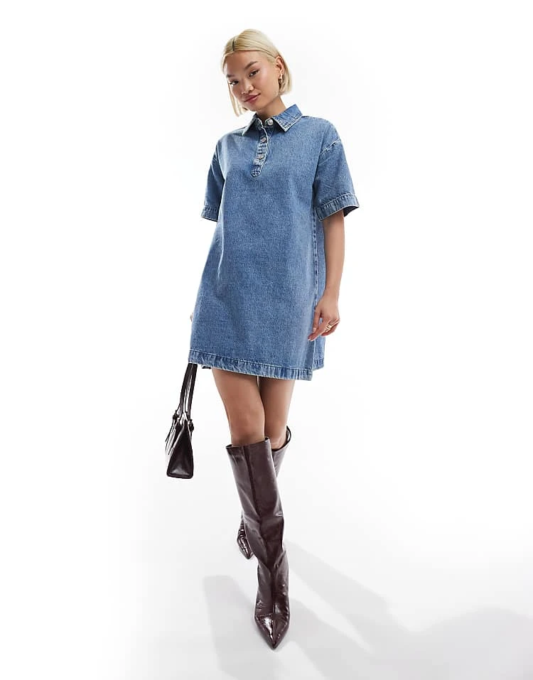 Pieces Short Sleeve Button Placket Mini Dress In Medium Blue Denim For Women - Image 5