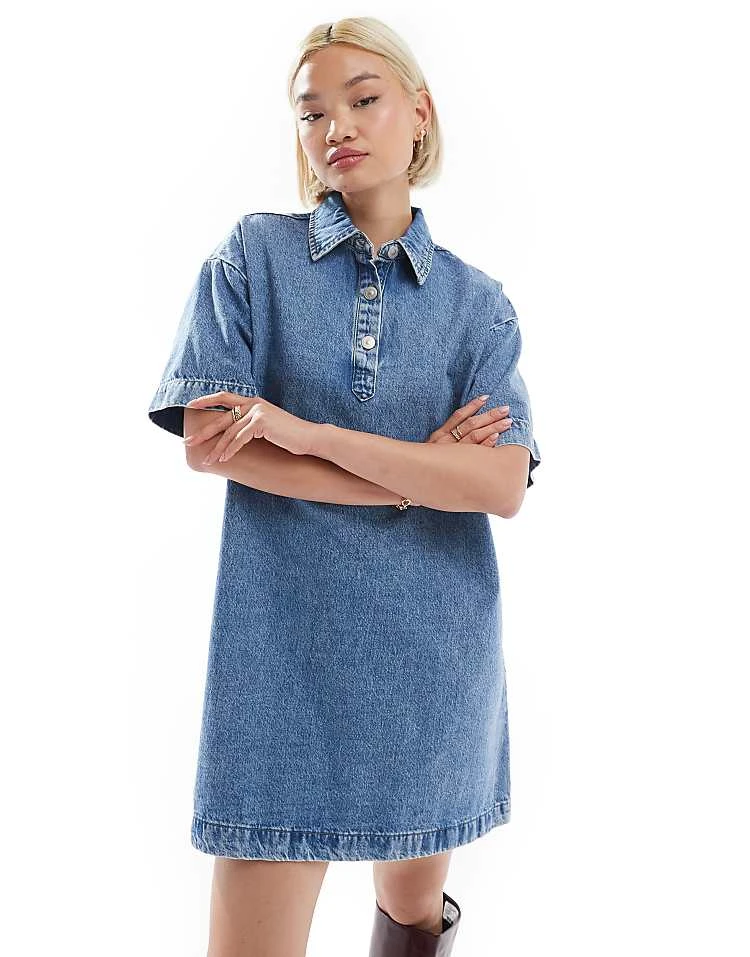 Pieces Short Sleeve Button Placket Mini Dress In Medium Blue Denim For Women - Image 4