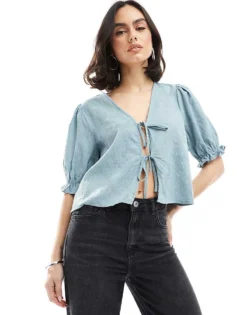 Pieces Jaquard Detail Tie Front Puff Sleeve Top In Soft Blue For Women Chambray Blue