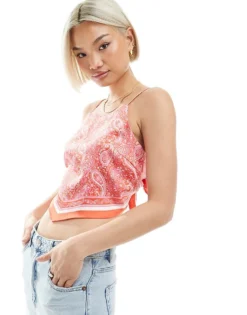 Pieces Satin Paisley Print Scarf Detail Top In Red For Women Grenadine Paisley