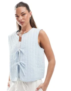 Pieces Lightweight Quilted Tie Front Summer Gilet In Light Blue For Women C Blue