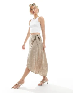 Pieces Wrap Midi Skirt In Crockery Beige Spot Print For Women