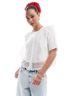 Pieces Broderie Cutwork Detail Short Sleeve Blouse In Cloud White For Women Cloud Dancer