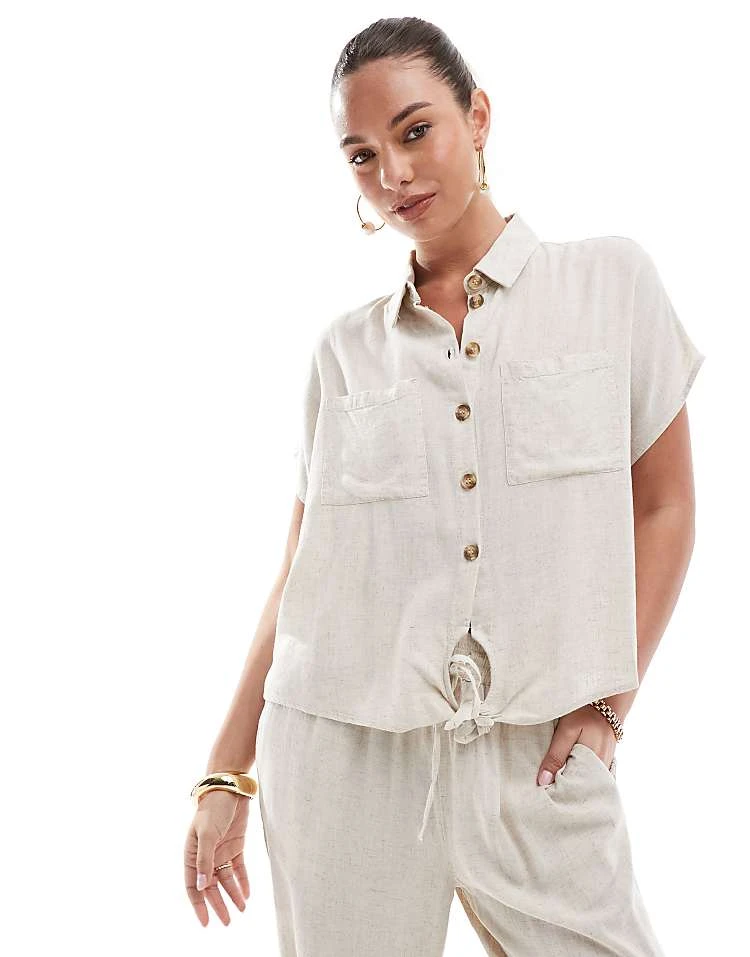 Pieces Tie Front Linen Shirt And Wide Leg Trousers Set In Cream - Image 5