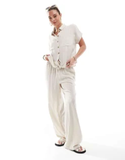 Pieces Tie Front Linen Shirt And Wide Leg Trousers Set In Cream